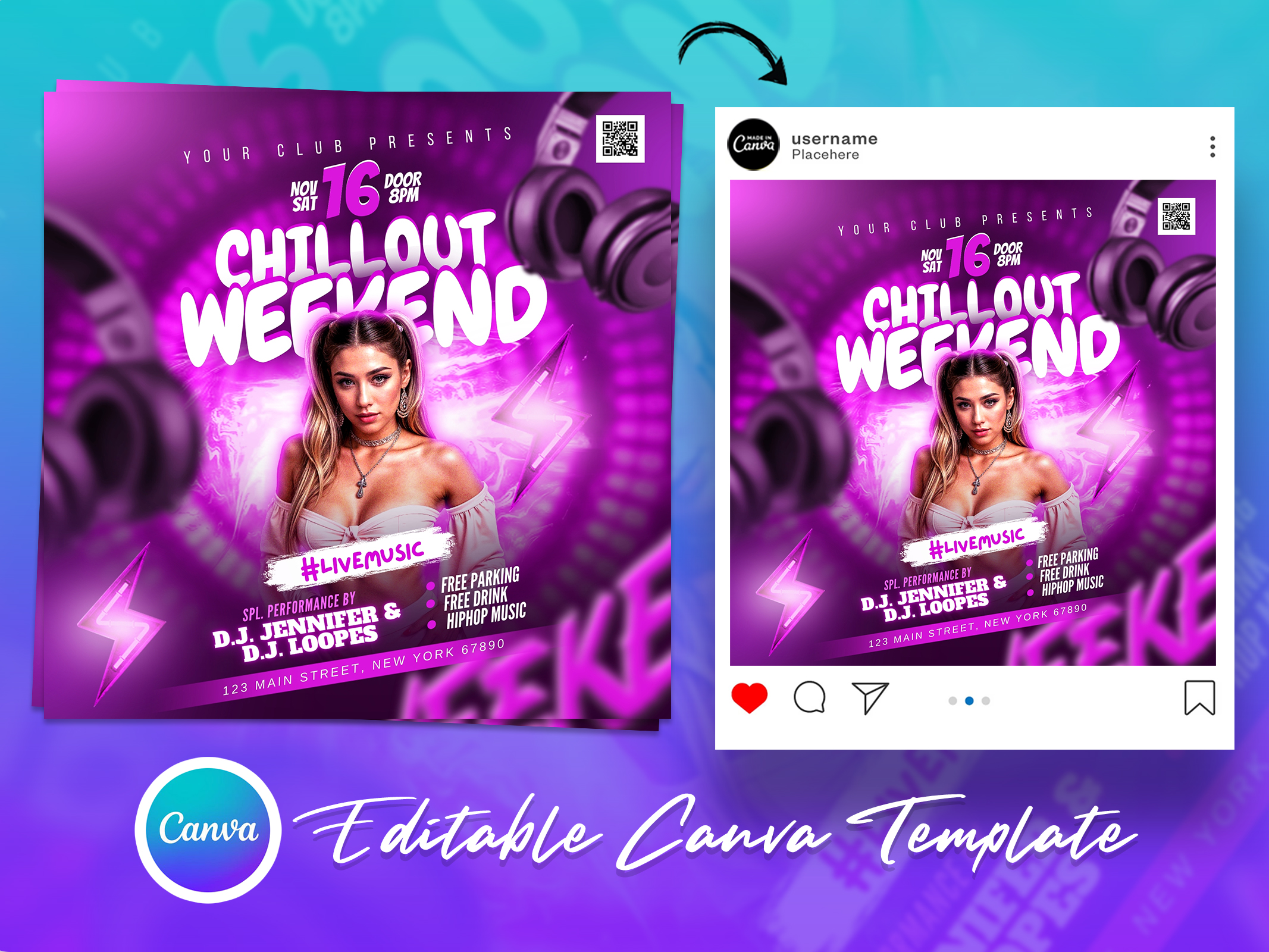Weekend Music DJ Party Social Media Flyer Canva Template | PSDFreebies.com