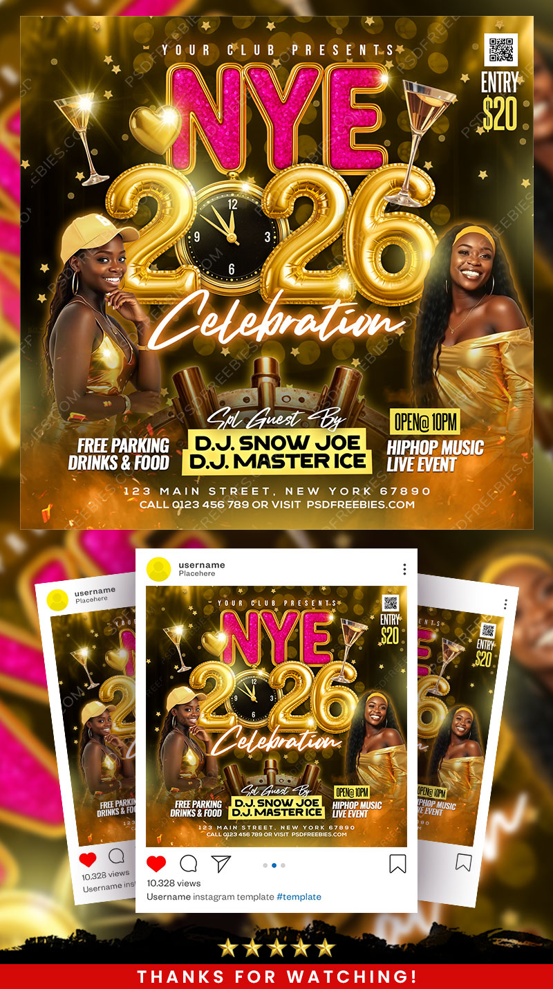 Editable New Year 2026 Party Social Media Flyer PSD Template