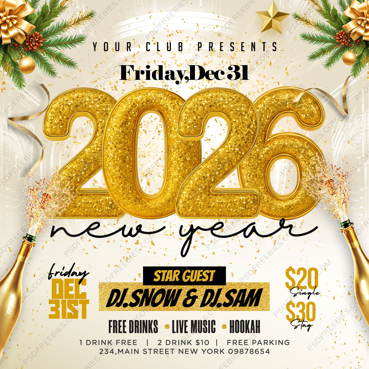 Editable New Year 2026 Party Social Media Flyer PSD