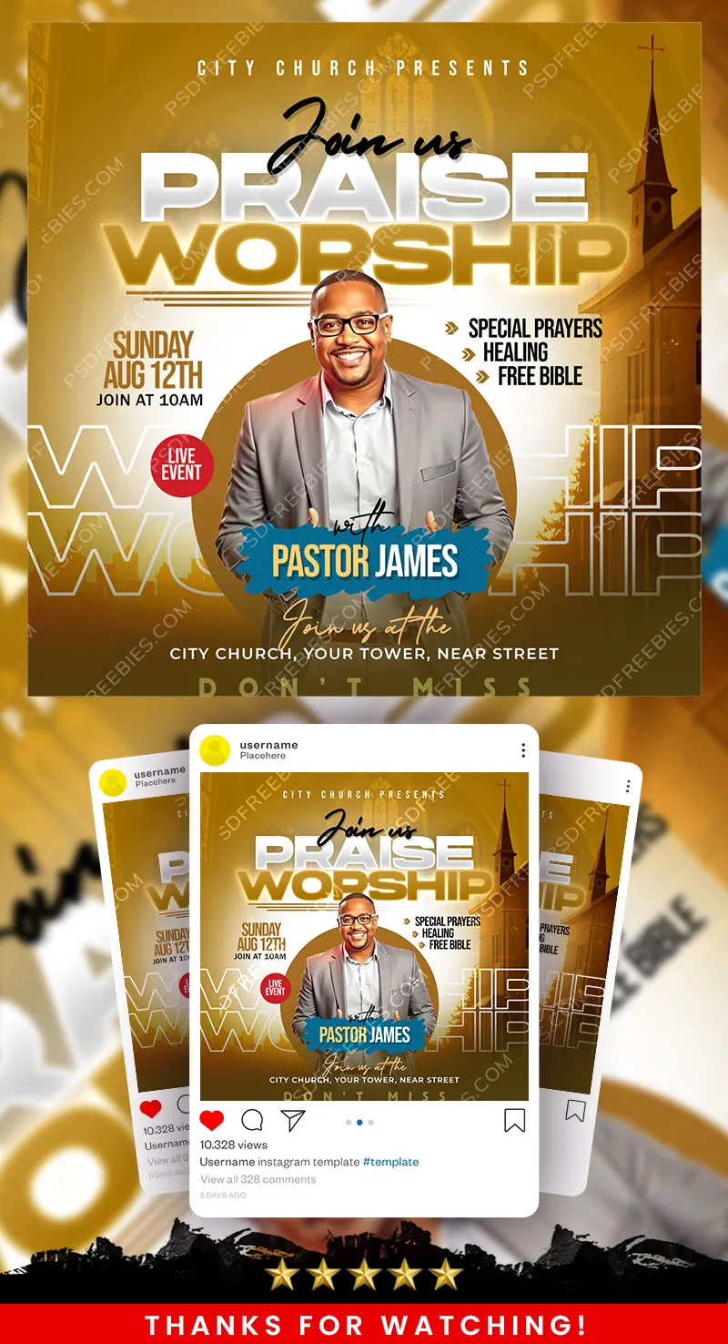 Church Service Invitation Social Media Post Design PSD