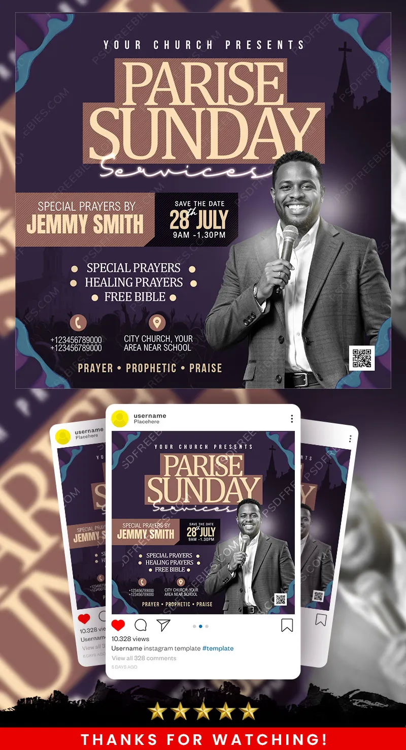 Church Service Invitation Social Media Post PSD Template