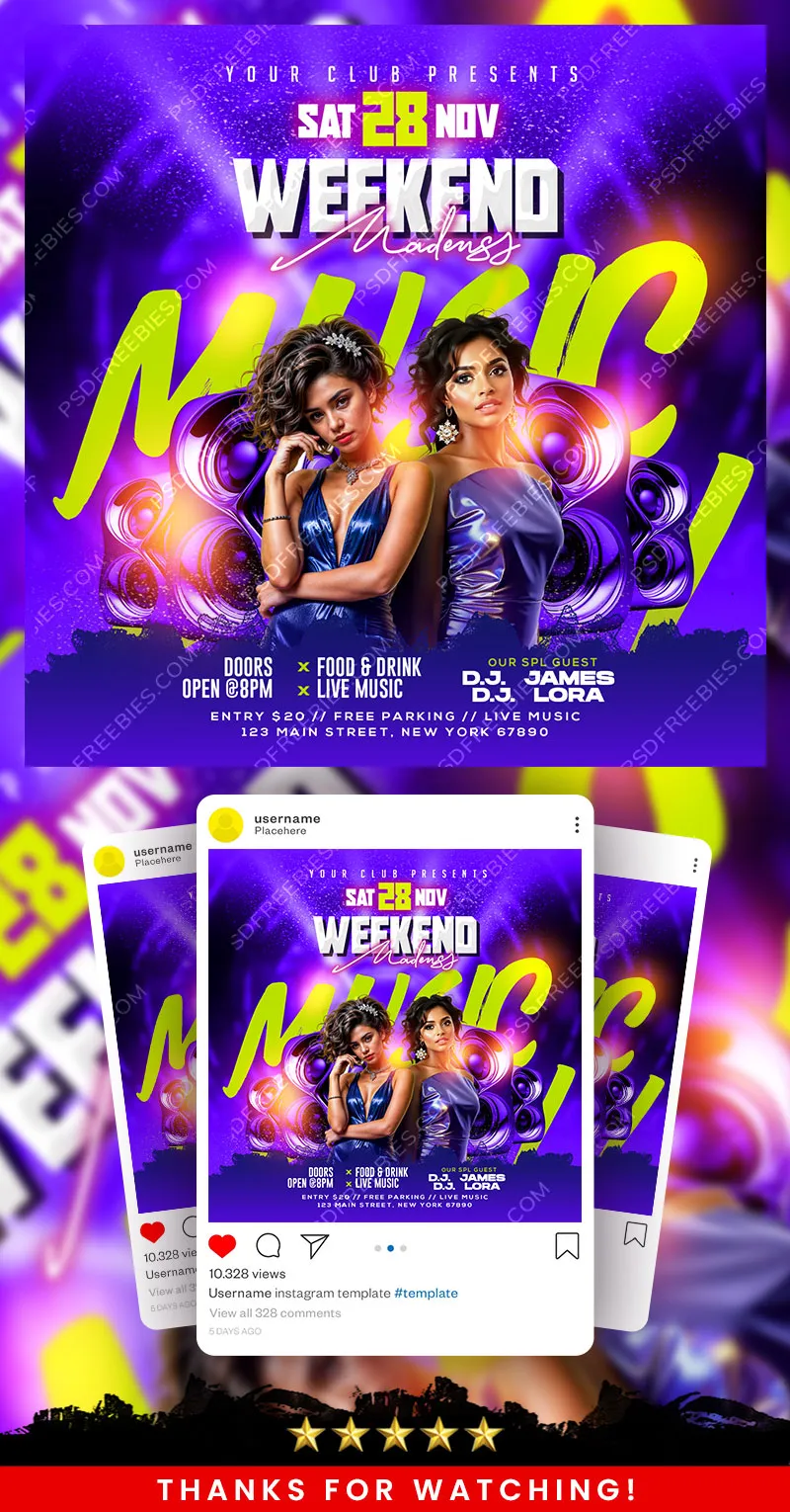 Weekend Madness Music Party Post PSD Template