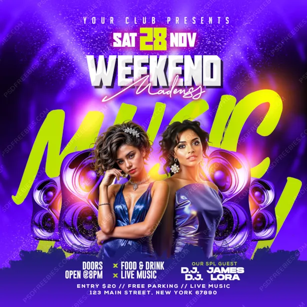 Weekend Madness Music Party Post PSD Template