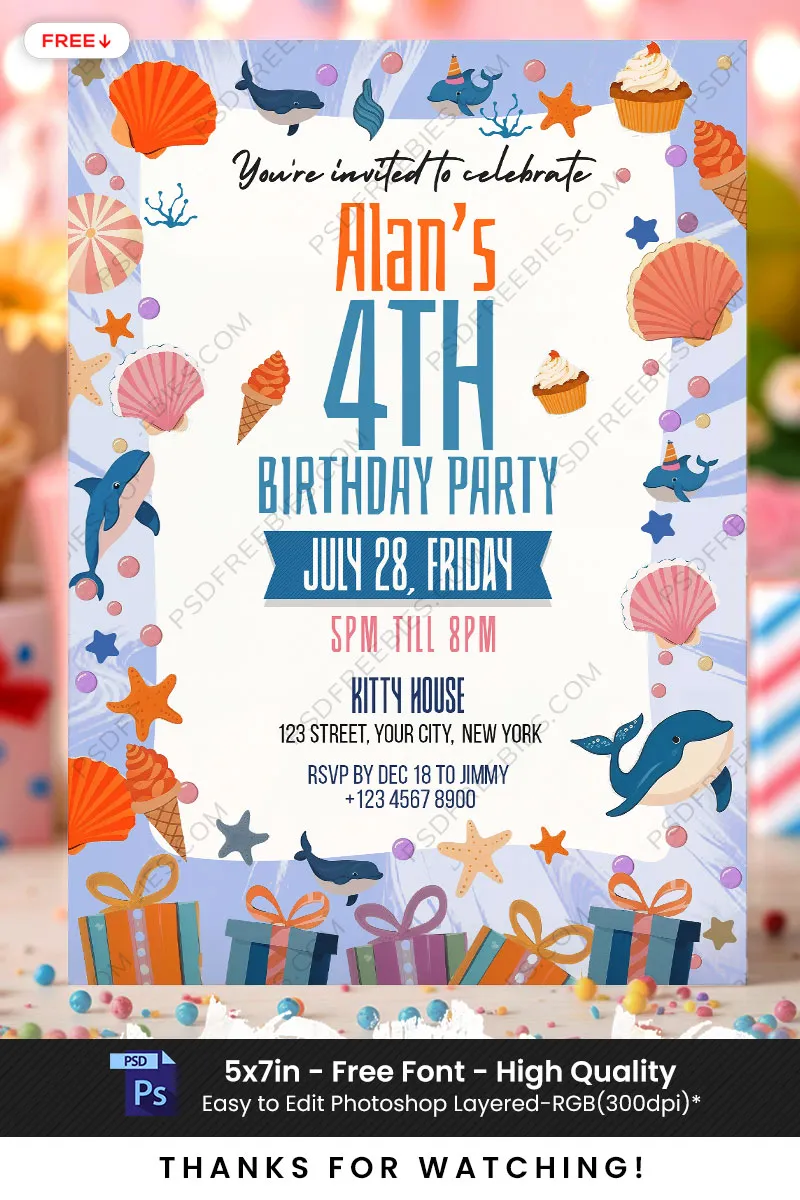 Editable Ocean Birthday Invitation PSD Template