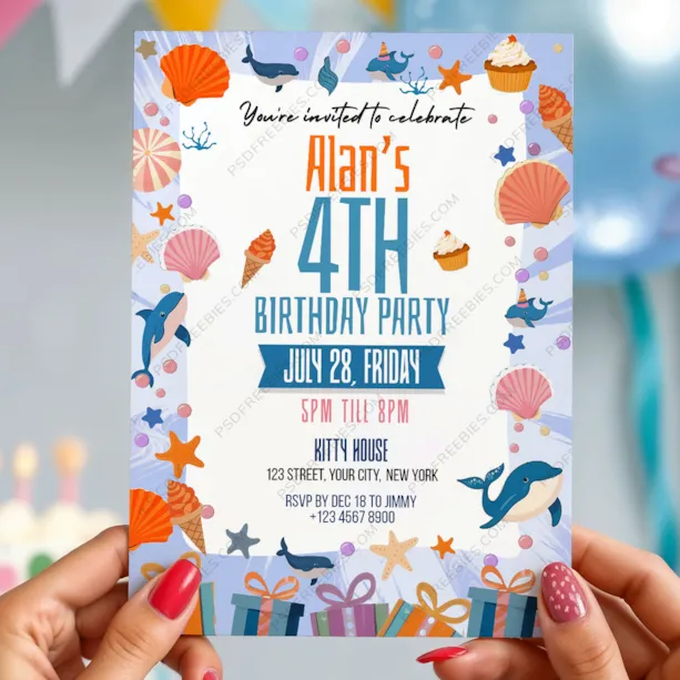 Editable Ocean Birthday Invitation PSD Template