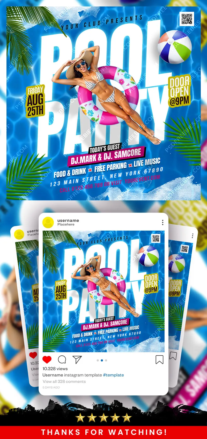 Editable Summer Pool Party Social Media Post PSD
