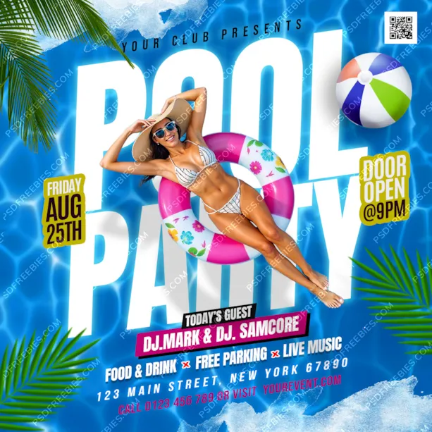 Editable Summer Pool Party Social Media Post PSD