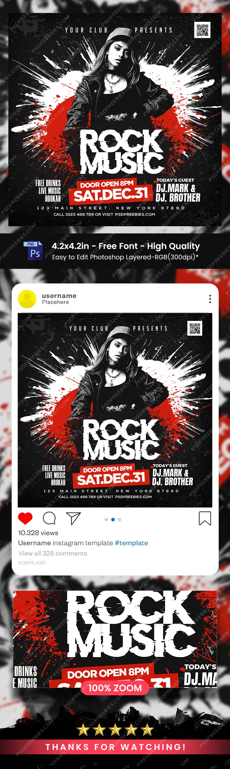 Rock Music Live Event Post PSD Template