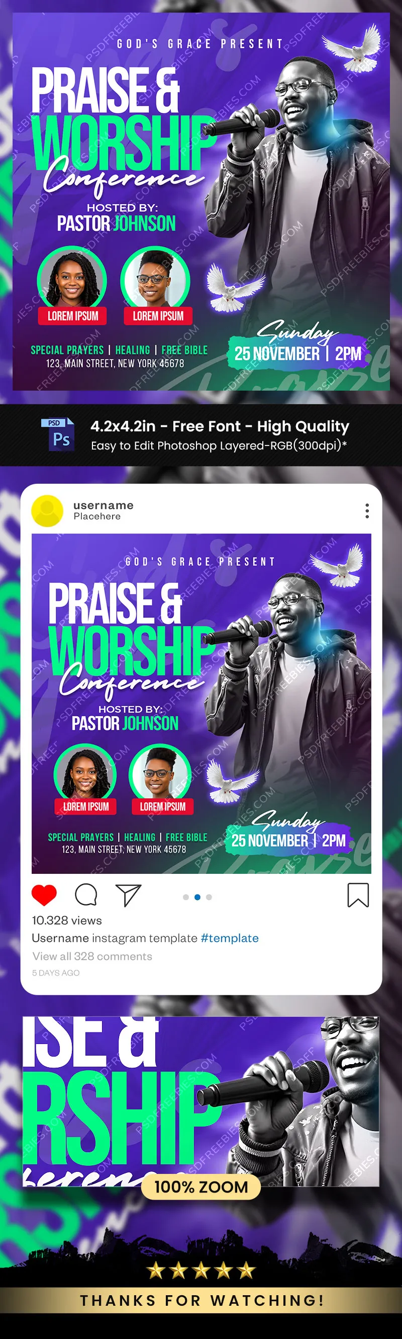 Editable Church Sunday Worship Service Post PSD