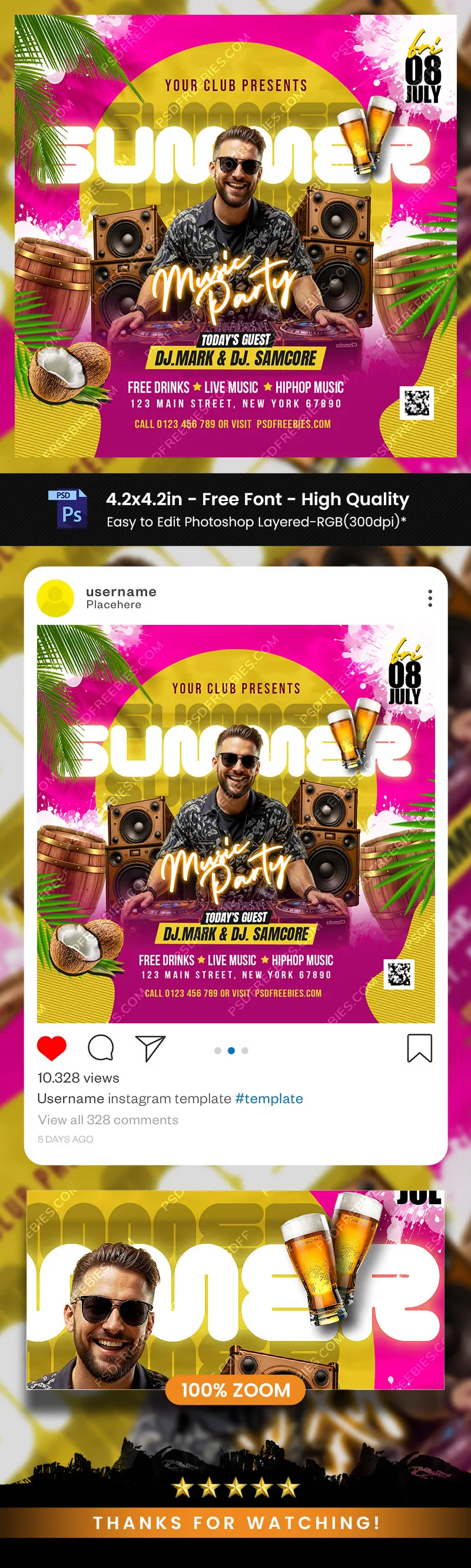 Summer Party Social Media Post PSD Template