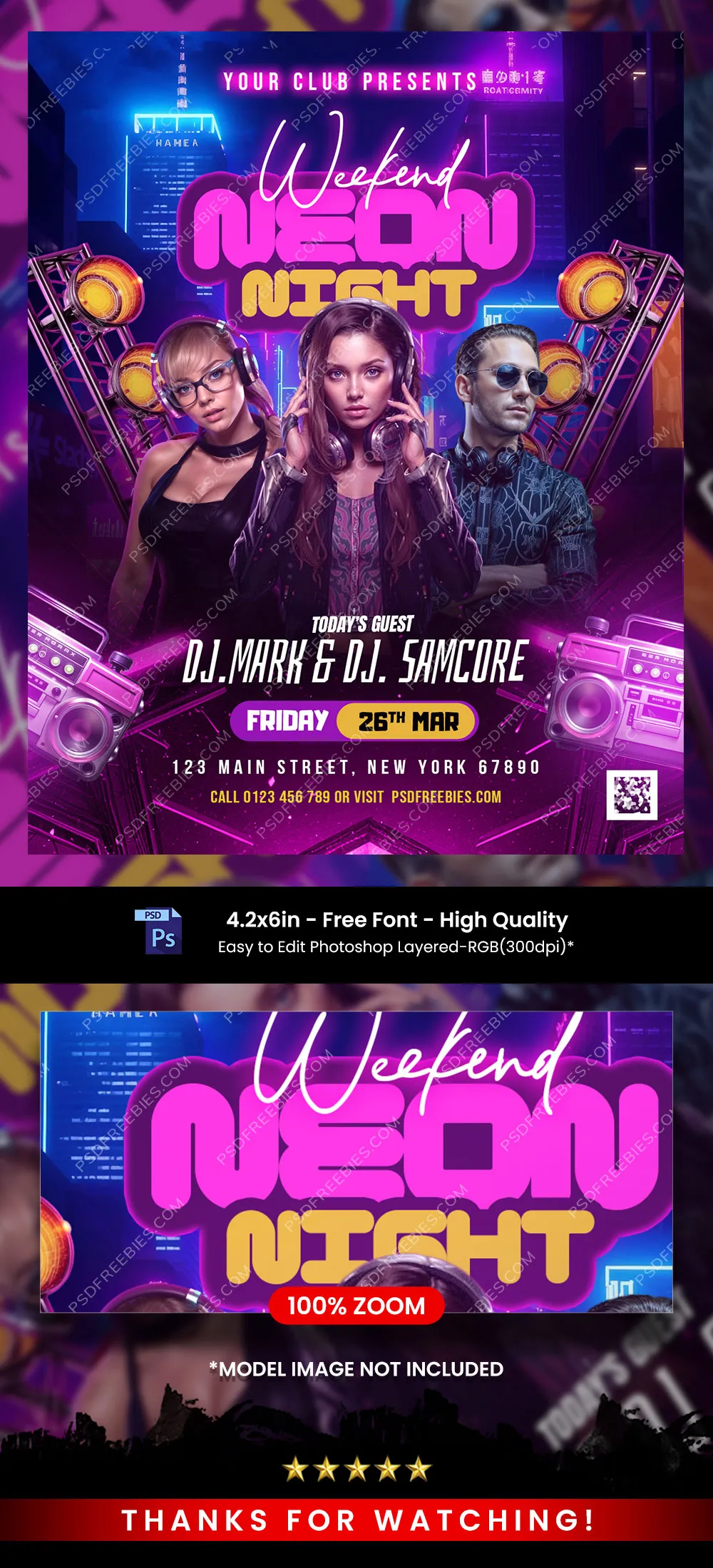 Weekend Neon Night Club Party Flyer PSD Template