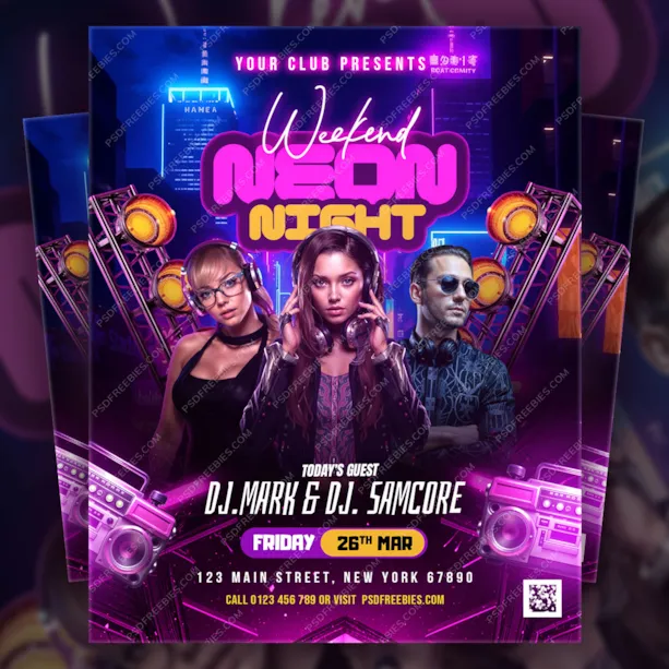 Weekend Neon Night Club Party Flyer PSD Template