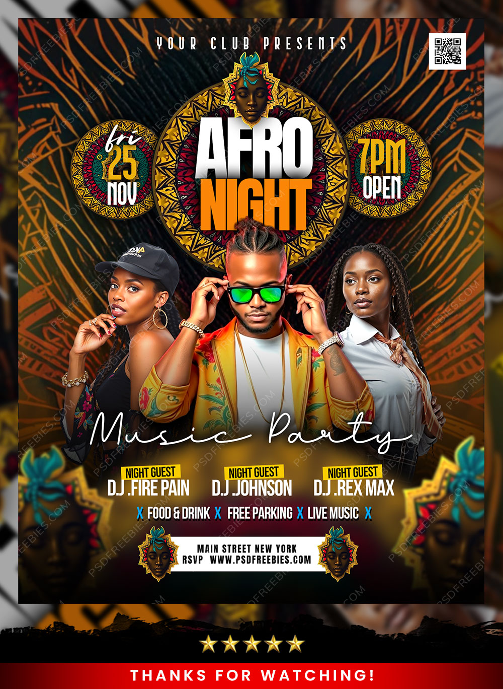 Editable Afro Night Party Social Media Flyer PSD