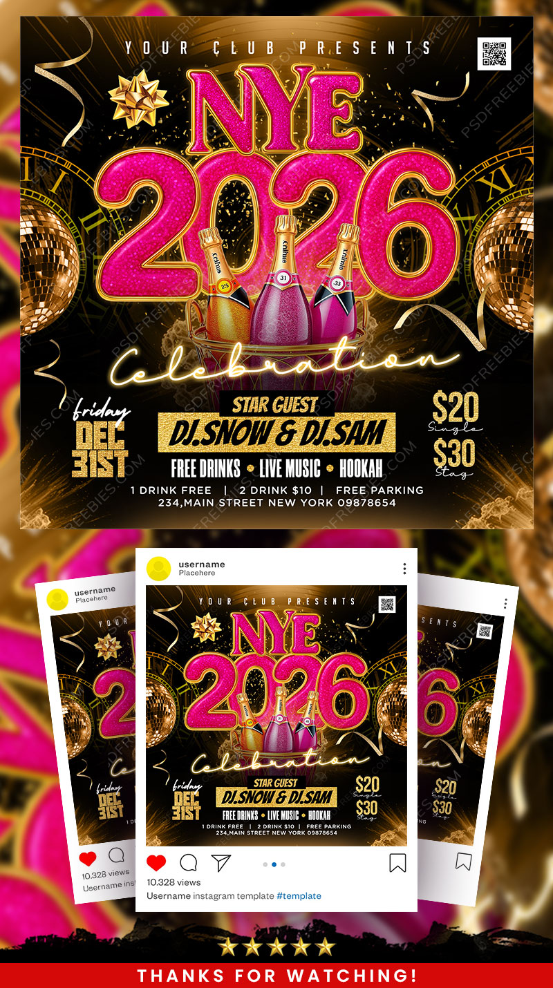 New Year 2026 Party Social Media Flyer PSD Template