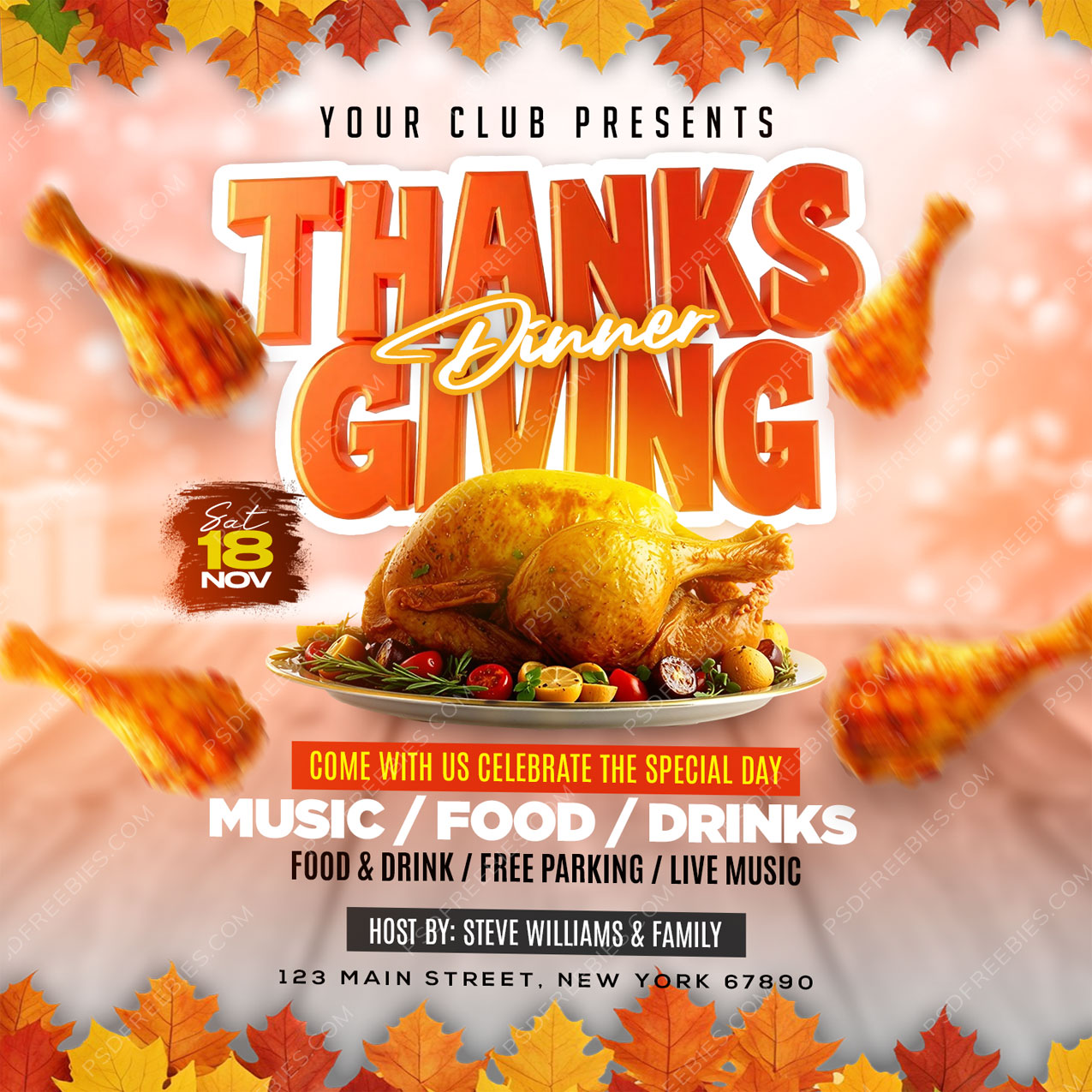 Thanksgiving Dinner Invitation Social Media Flyer PSD