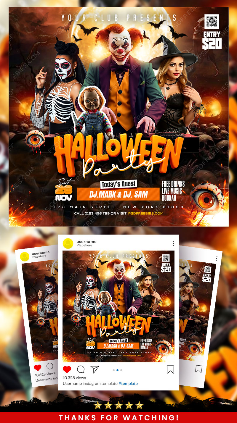 Editable Halloween Party Social Media Flyer PSD Template