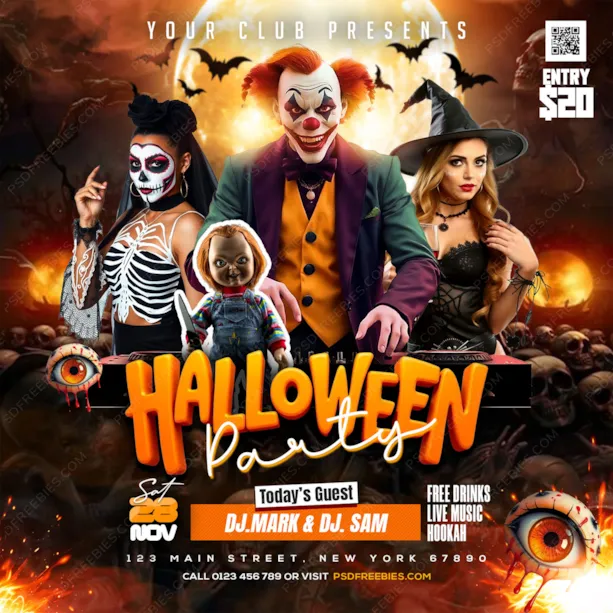 Editable Halloween Party Social Media Flyer PSD Template