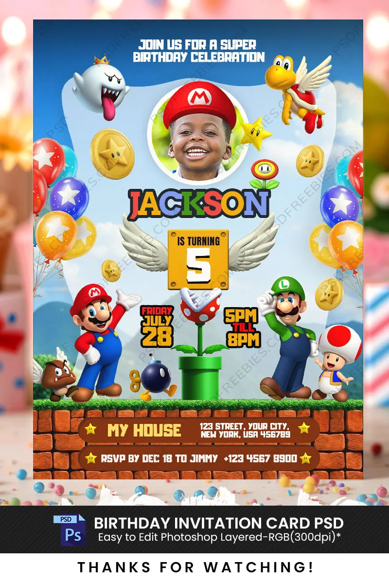 Editable Mario Video Game Birthday Invitation PSD