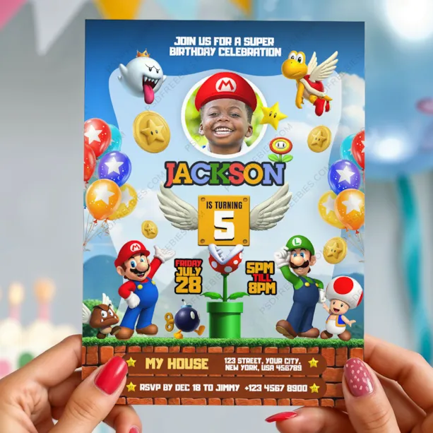Editable Mario Video Game Birthday Invitation PSD