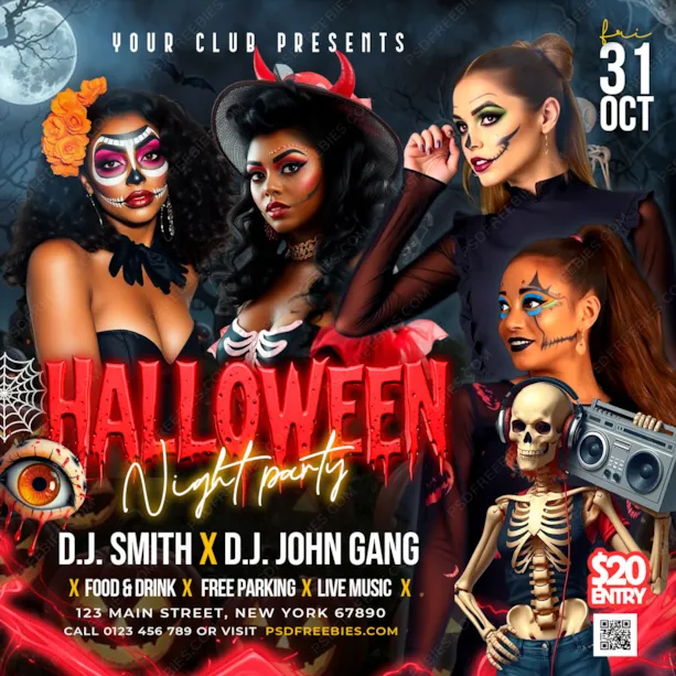 Halloween Night Club Party Social Media Flyer PSD