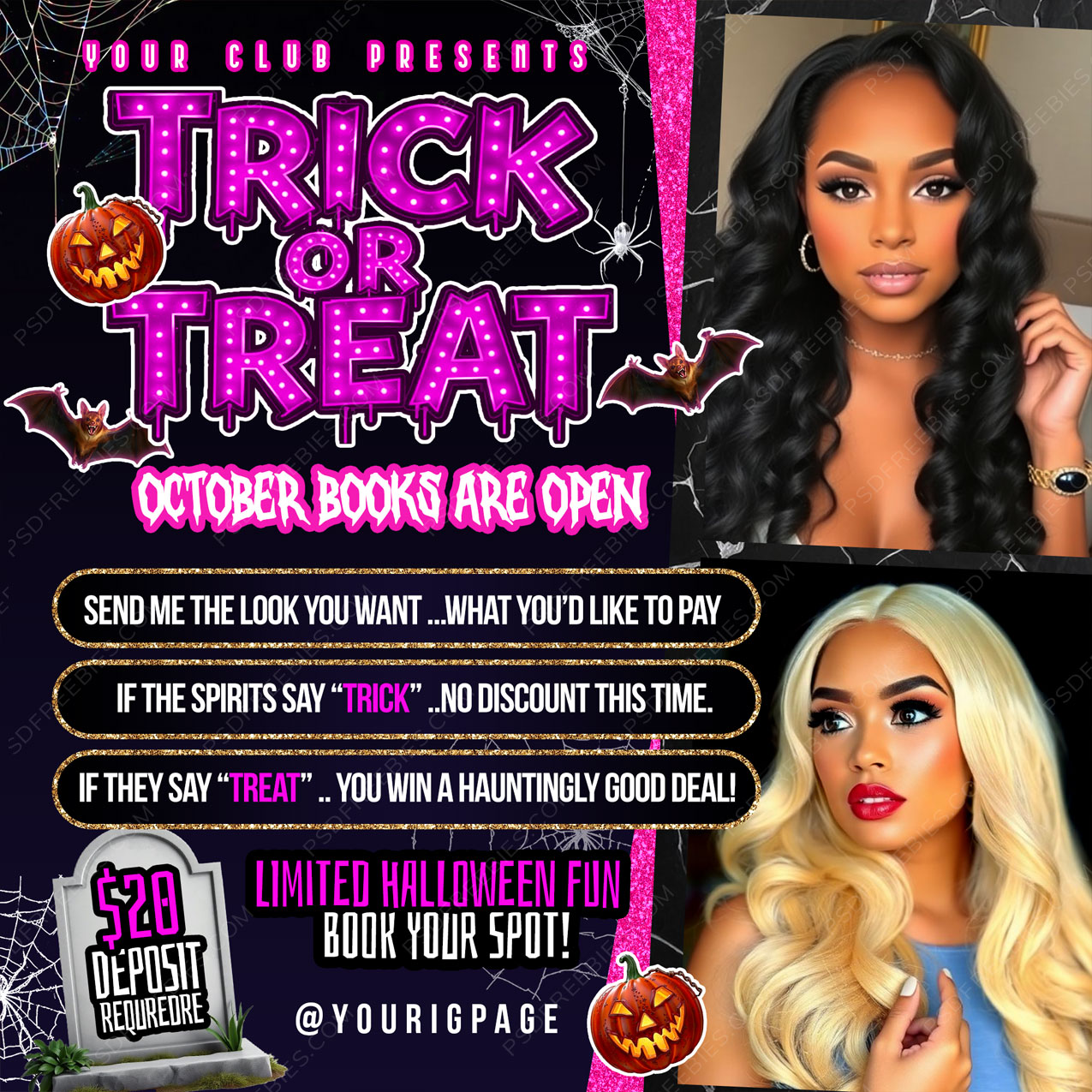 Halloween Trick or Treat Bookings Offer Social Media Flyer PSD