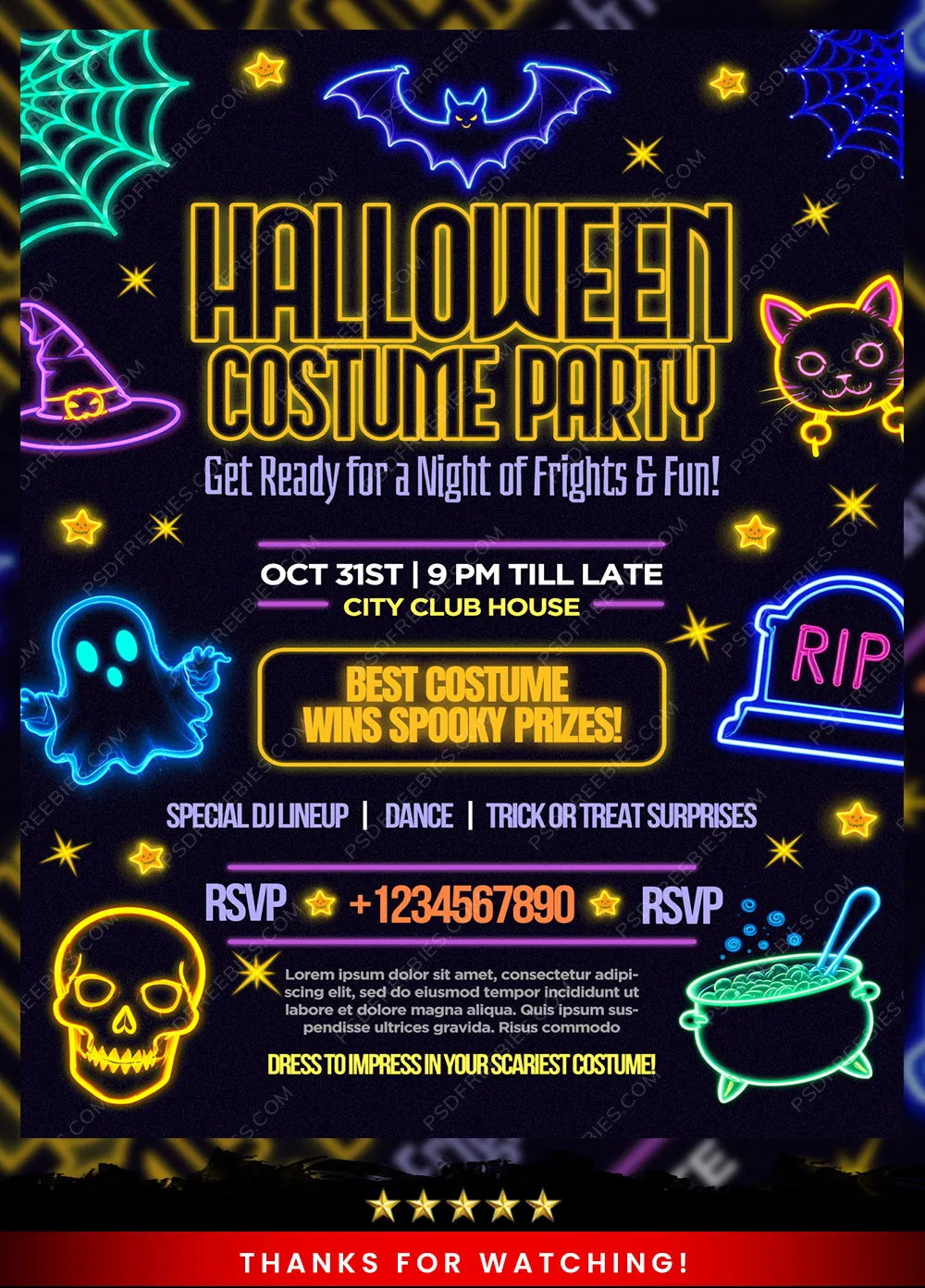 Editable Neon Halloween Costume Party Invitation Flyer PSD