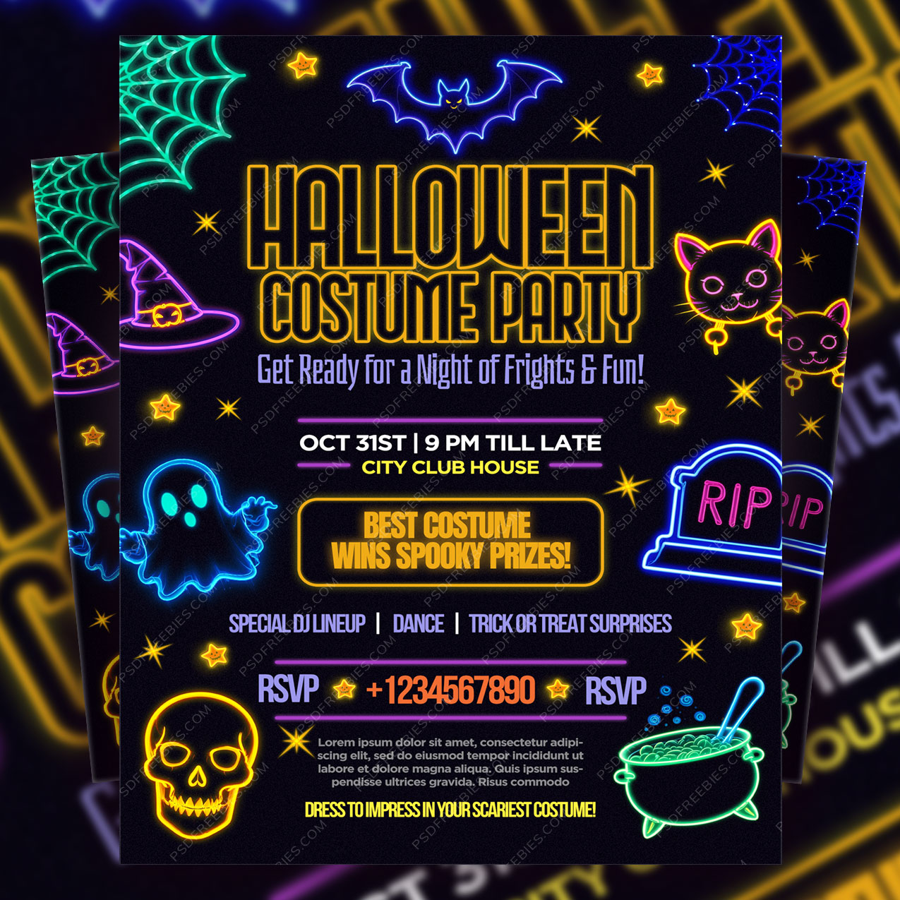 Editable Neon Halloween Costume Party Invitation Flyer PSD
