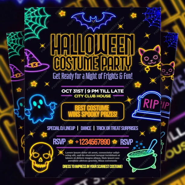 Editable Neon Halloween Costume Party Invitation Flyer PSD