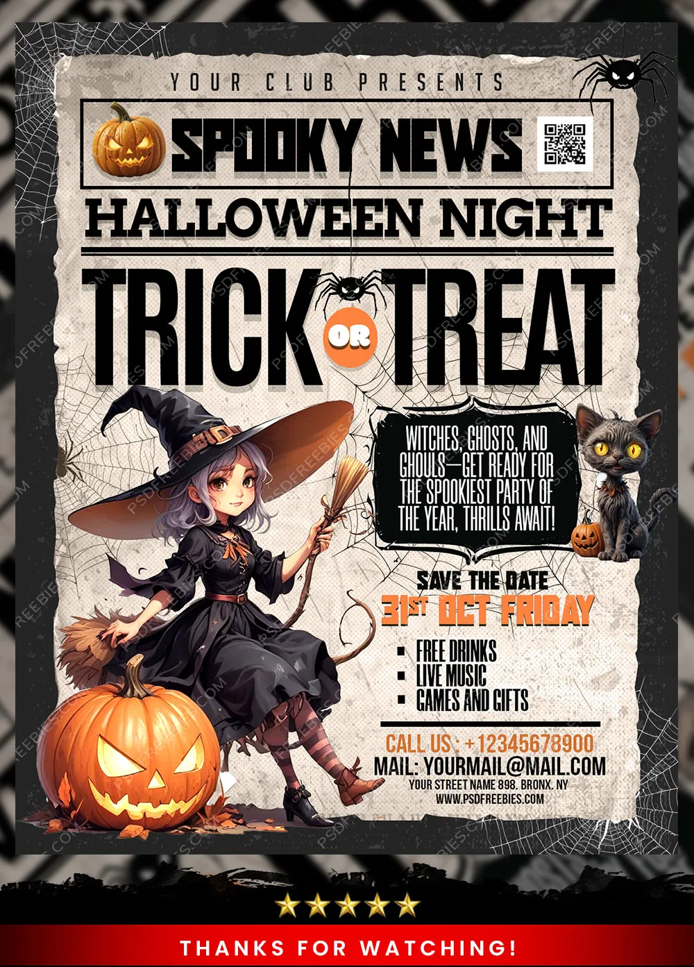 Editable Trick or Treat Halloween Party Flyer PSD Template