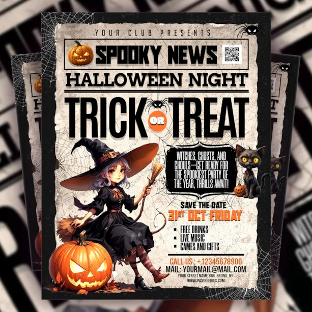 Editable Trick or Treat Halloween Party Flyer PSD Template