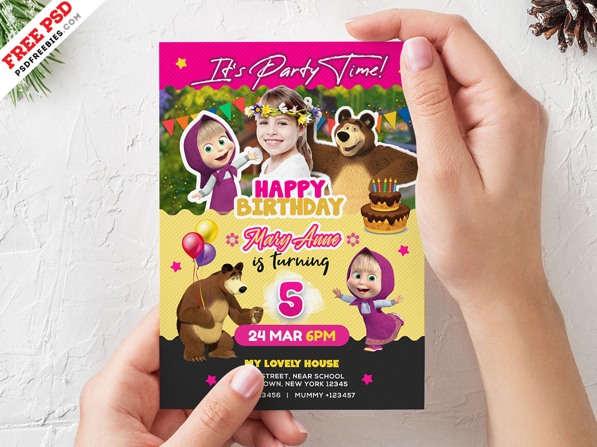 masha and the bear birthday invitation card psd | psdfreebies
