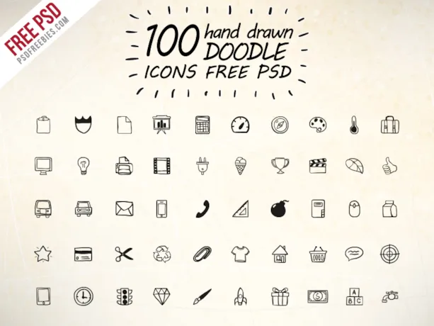 100 Hand Drawn Doodle Icons Free PSD