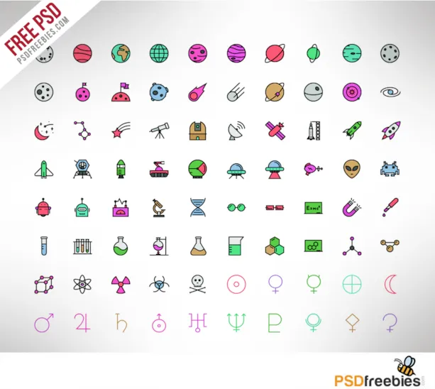 100 Spaces and Science icons Colored PSD Freebie