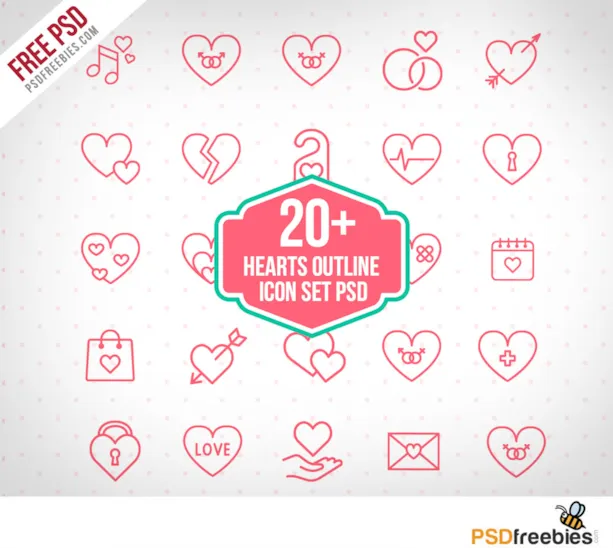 20+ Hearts Outline icon set PSD Freebie