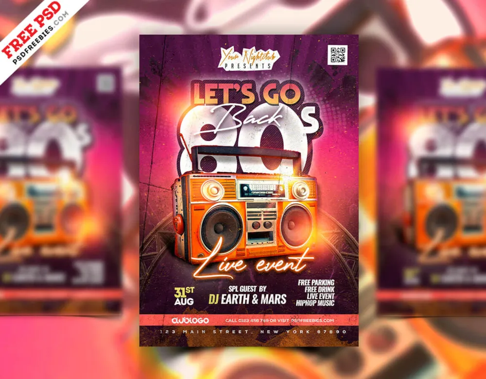 Back to 80s Night Club Party Flyer Template PSD