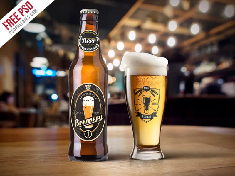 Beer Bottle and Glass Mockup Free PSD