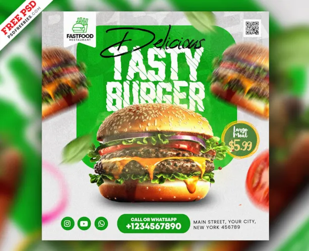 Burger Fast Food Business Social Media Post PSD