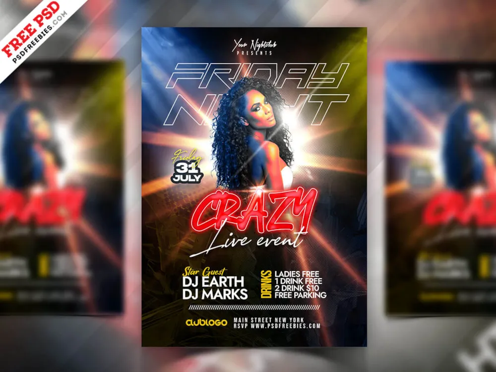 Crazy Night Club Party Flyer Design PSD