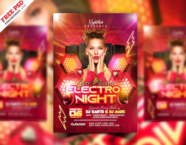 Electro Night Music Party Flyer Template PSD