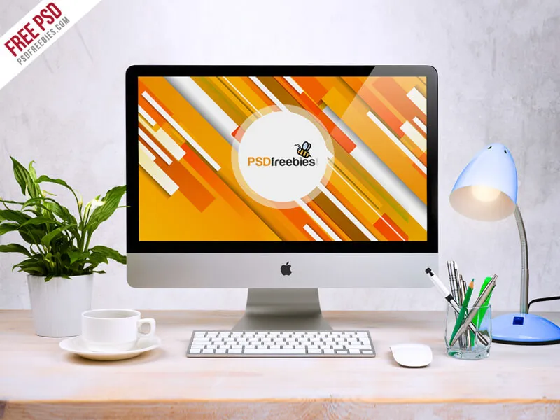 Free Apple iMac Workspace PSD Mockup