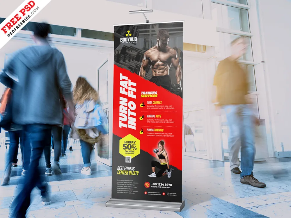 Gym Fitness Workout Roll Up Banner PSD Template