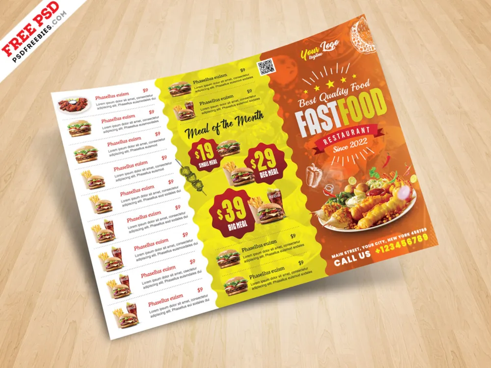 Horizontal Fast Food Menu Flyer PSD