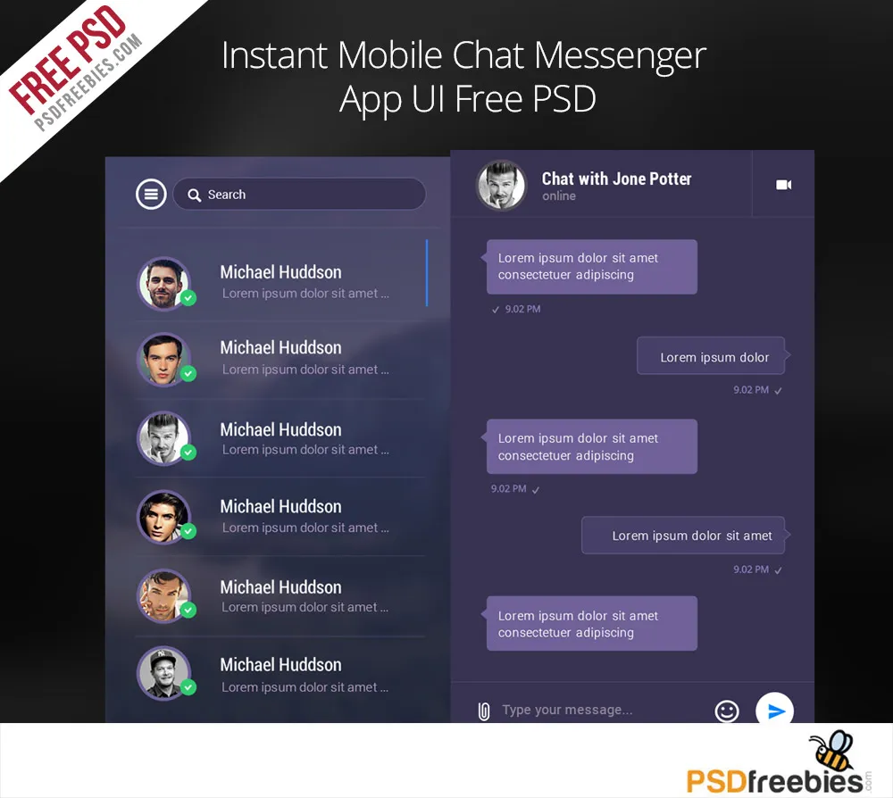 Instant Mobile Chat Messenger App UI Free PSD