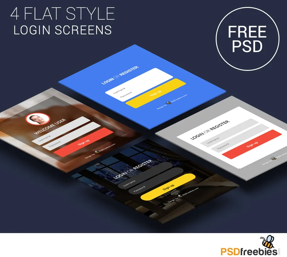 4 Flat Style Login Screens PSD