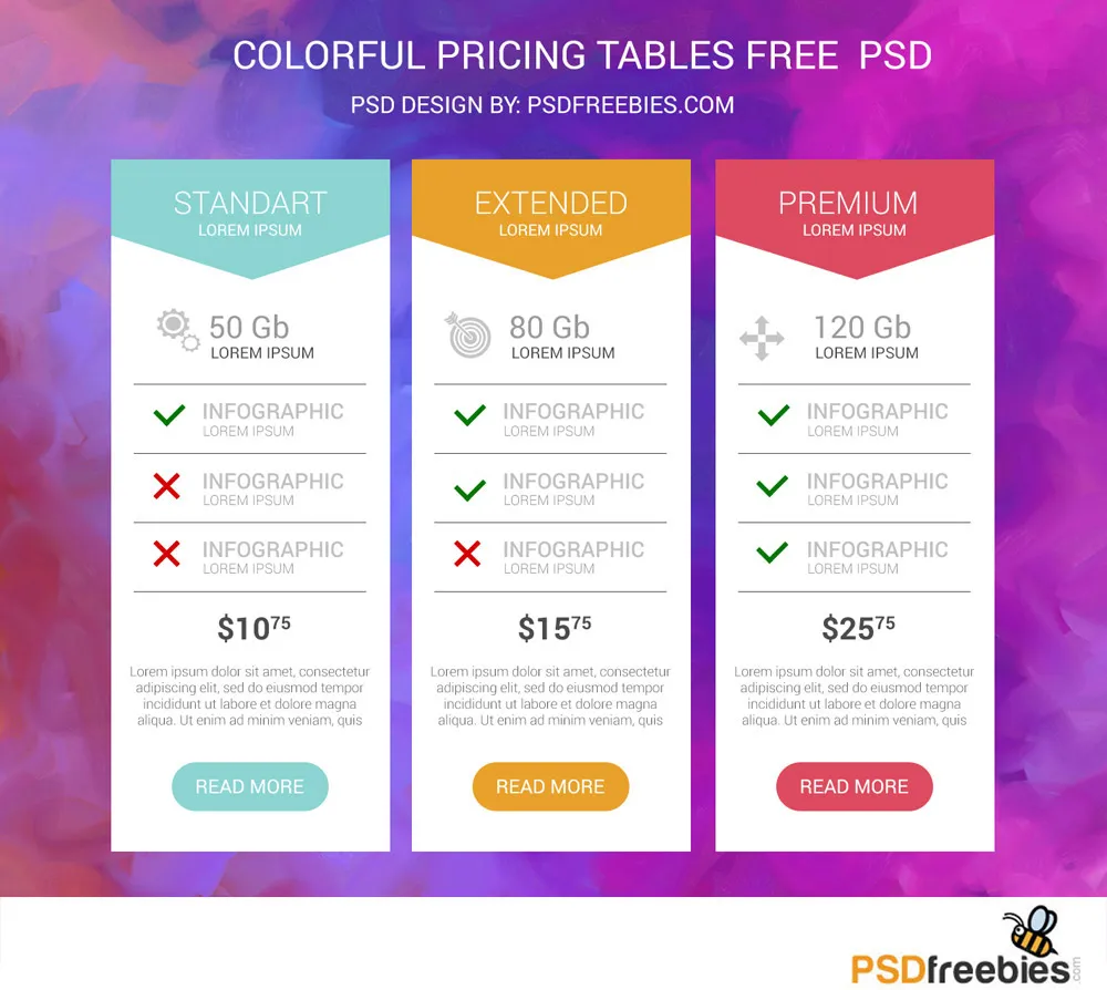 Colorful Pricing Tables Free PSD