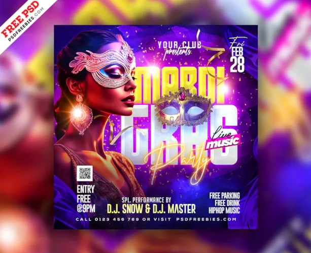 Mardi Gras Festival Social Media Post PSD