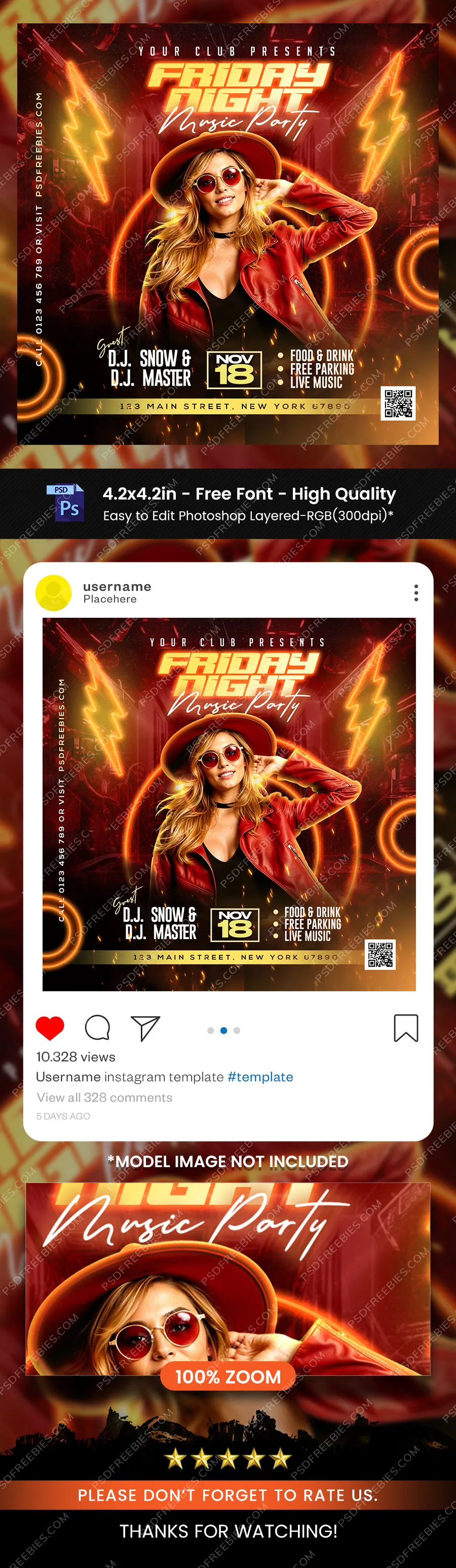 Neon DJ Music Party Social Media Post PSD