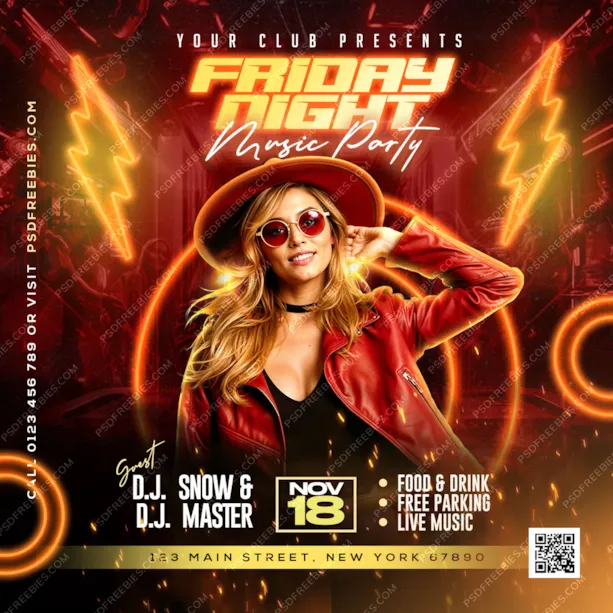 Neon DJ Music Party Social Media Post PSD