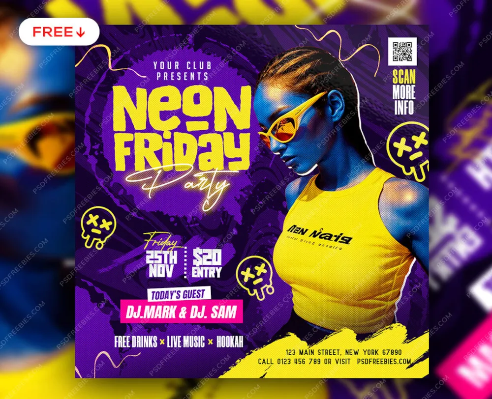Neon Friday Music Party Social Media Post PSD