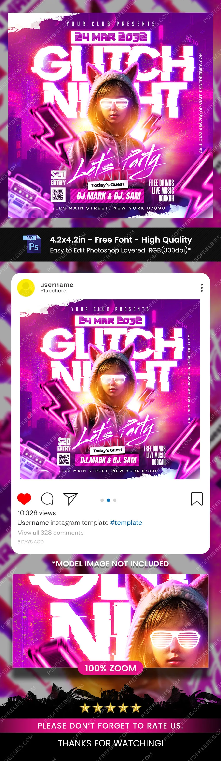 Neon Glitch Night DJ Party Post PSD